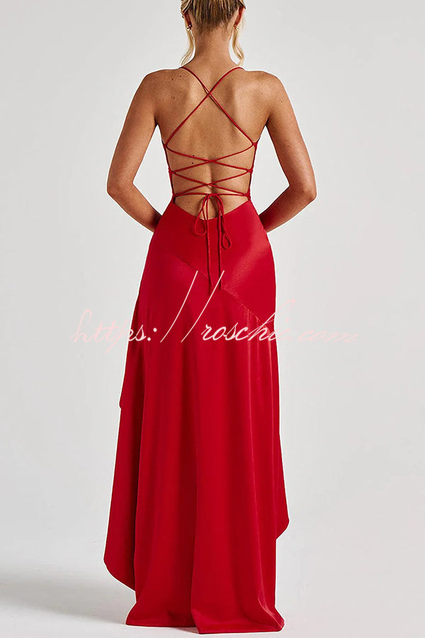 Solid Color Sexy Backless Lace-up Irregular Ruffled Maxi Dress