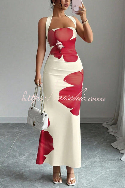Floral Print Halter Neck Backless Slim-fit Maxi Dress