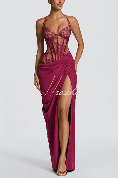Bonita Floral Lace Contrast Structural Detail Asymmetrical Pleats Halter Slit Maxi Dress