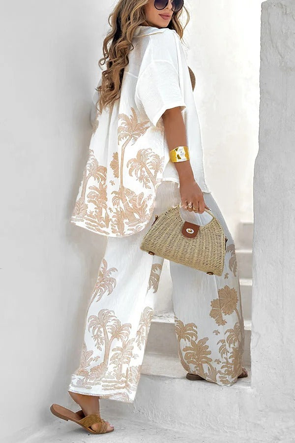 Coconut Palm Linen Blend Unique Print Oversized Shirt and Elastic Waist Pocket Loose Pants Set