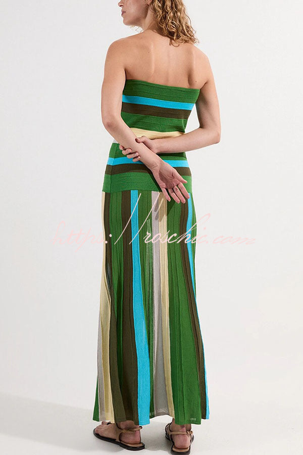 A Splash of Color Knit Color-Block Striped Off Shoulder Stretch Maxi Dress