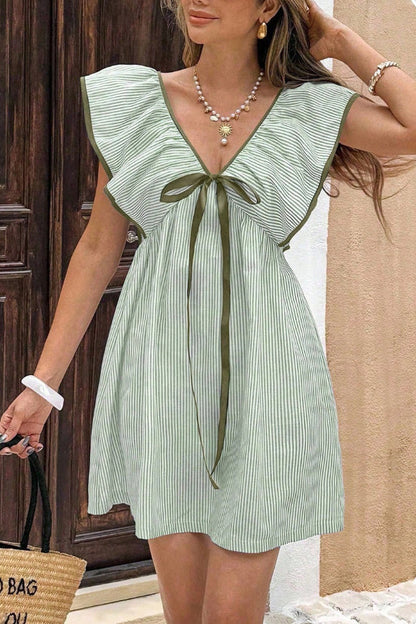 Striped Print Loose V-neck Tie Bow Casual Mini Dress