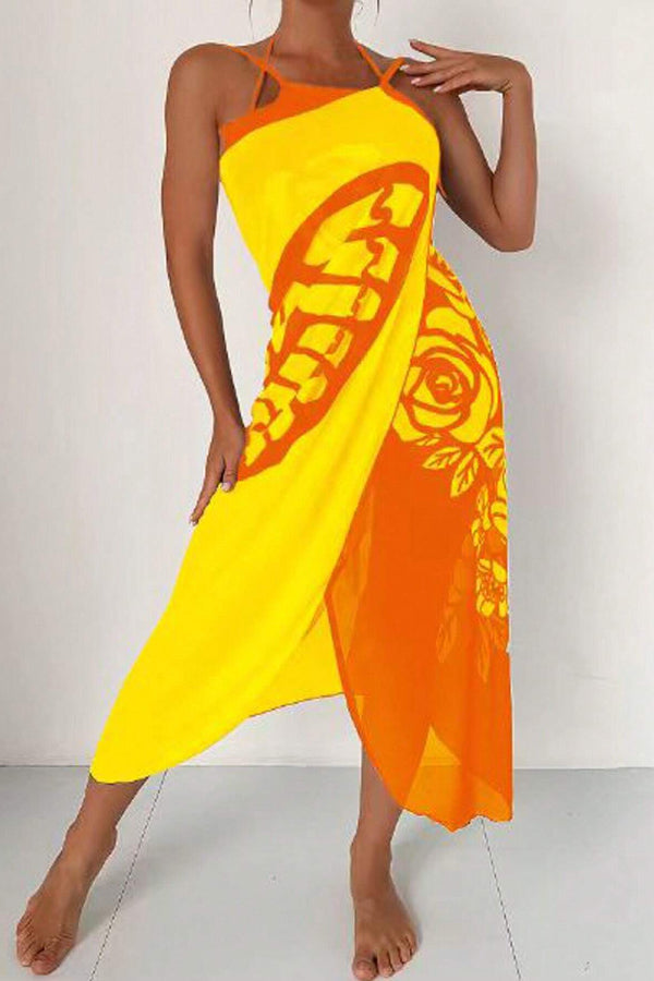 Fashionable Color-blocked Butterfly Print Resort Cover-up Midi Dress
