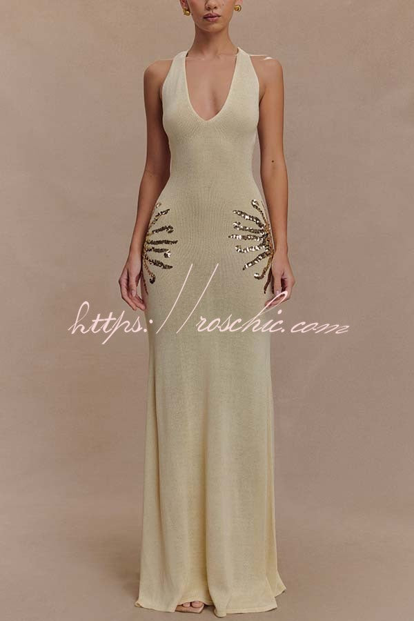 Sparkling Nights Knit Sunburst Sequin Detail Back Cross Straps Stretch Maxi Dress