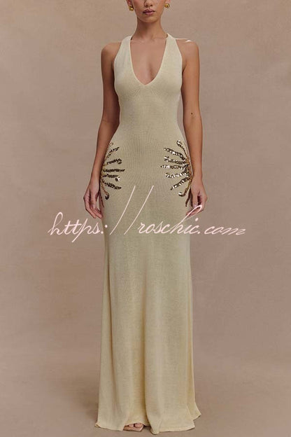 Sparkling Nights Knit Sunburst Sequin Detail Back Cross Straps Stretch Maxi Dress