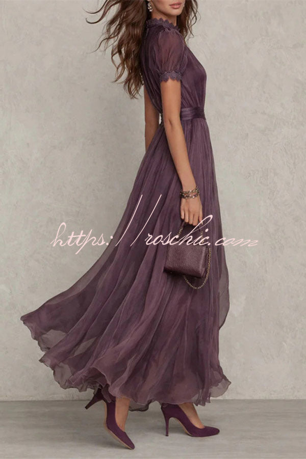 Elegant Lace Trim Keyhole Puff Sleeve Flowing Chiffon Maxi Dress