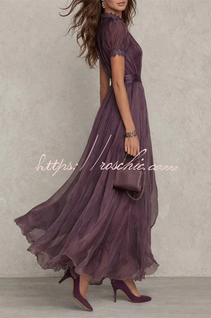 Elegant Lace Trim Keyhole Puff Sleeve Flowing Chiffon Maxi Dress