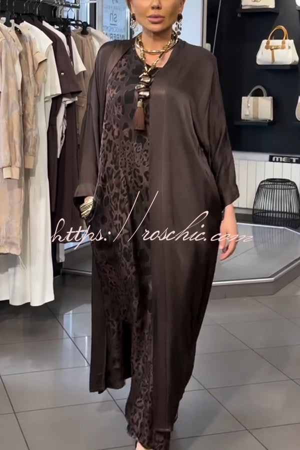 Mira Satin Leopard Print Sleeveless Pocket Maxi Dress and Batwing Sleeve Kimono Two Pieces Set