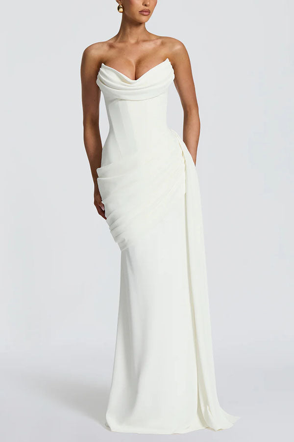 Matisse Strapless Pleated Cowl Overlay Back Lace-up Drape Panel Maxi Dress