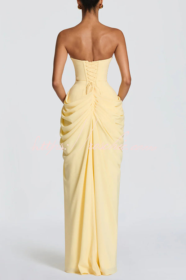Cyra Back Lace-up Asymmetrical Pleats Strapless Slit Maxi Dress(Buy 2 Get Free Shipping)