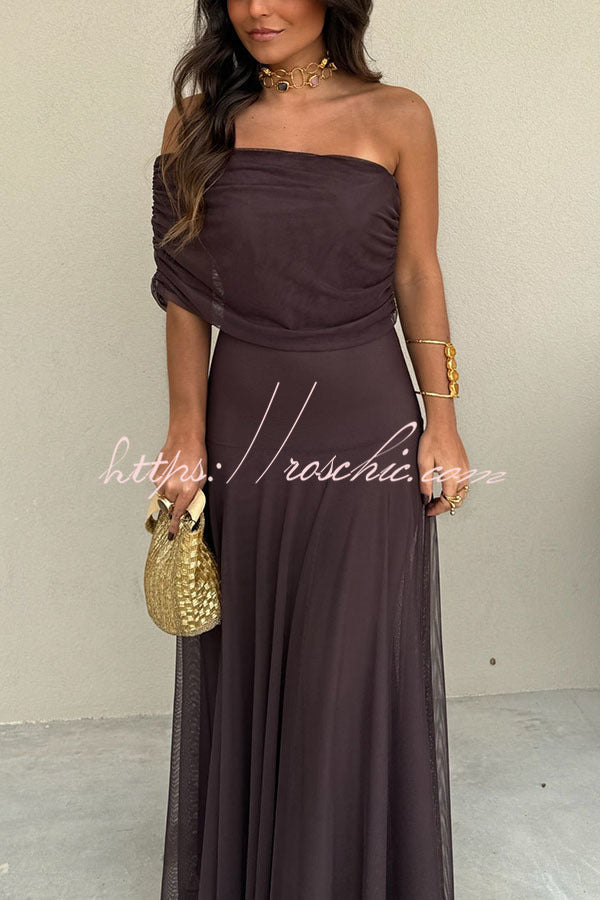 In My Arms Mesh Ruched Strapless Paneled Drape Flare Maxi Dress