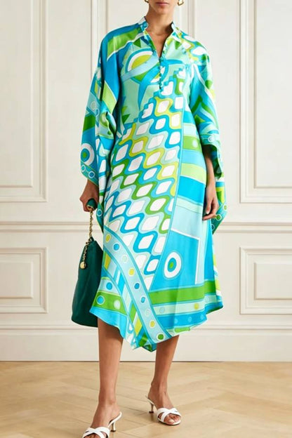 Pandora Satin Unique Art Print Button Up Bell Sleeve Shirt Midi Dress
