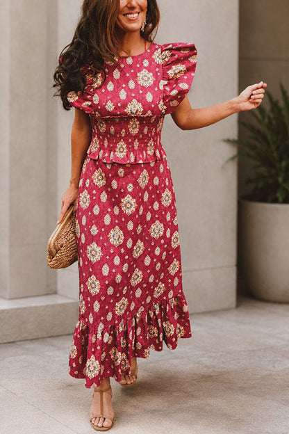 Emilia Unique Print Flutter Sleeve Smocked Top and Elastic Waist Maxi Skirt Set