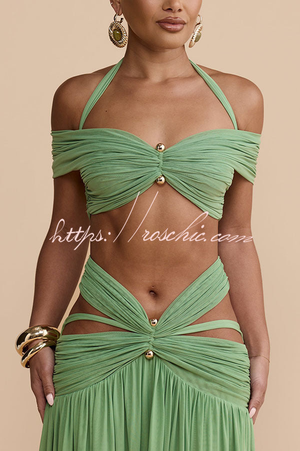 Martina Stretch Mesh Gold Metal Detail Gathered Sweetheart Crop Halter Vacation Tank