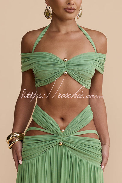 Martina Stretch Mesh Gold Metal Detail Gathered Sweetheart Crop Halter Vacation Tank