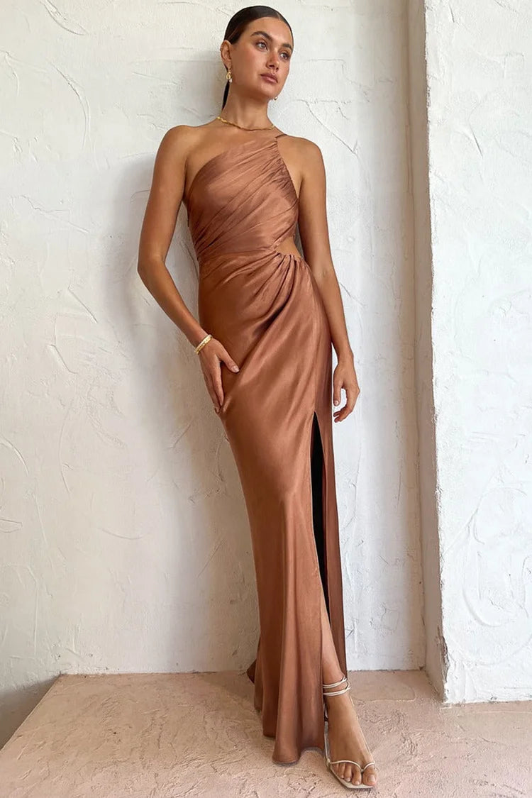 Regina Chic One Shoulder Ruched Evening Dress with High Slit and Cami Maxi Silhouette Collection