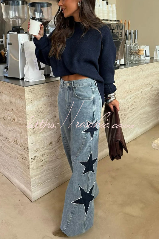 Jessy Denim Mid Rise Side Star Pattern Pocket Wide Leg Jeans (Shipped Within 24 Hours)