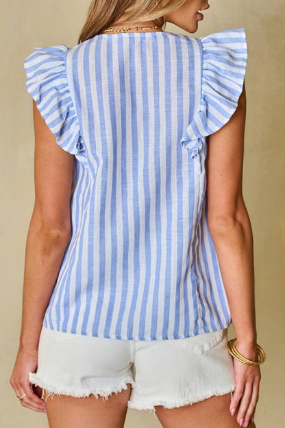 Striped Embroidered Tassel Ruffle Sleeveless Top