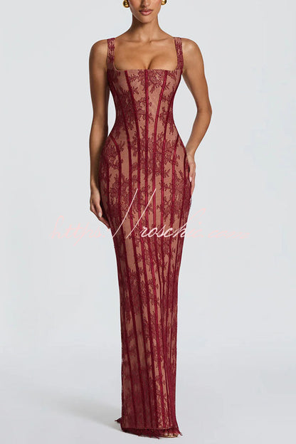 Polina Floral Lace Contrast Structural Detail Square Neck Back Lace-up Slit Maxi Dress