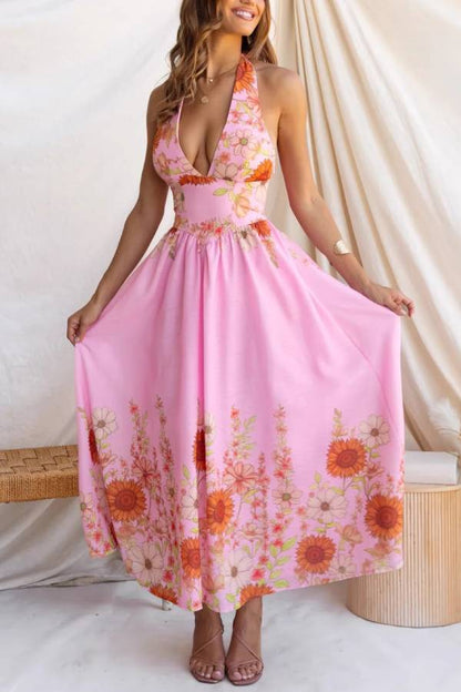 Sunflower Print Halter Backless Waist Tiered Maxi Dress