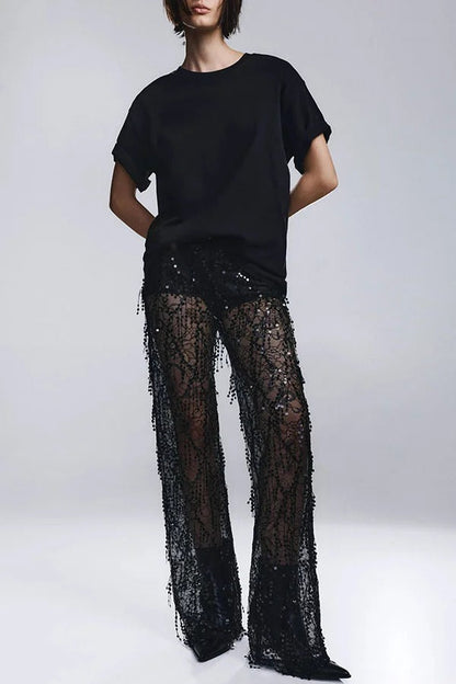 Yulissa Layered Sequin Tassels Mid Rise Stretch Waist Wide Leg Pants