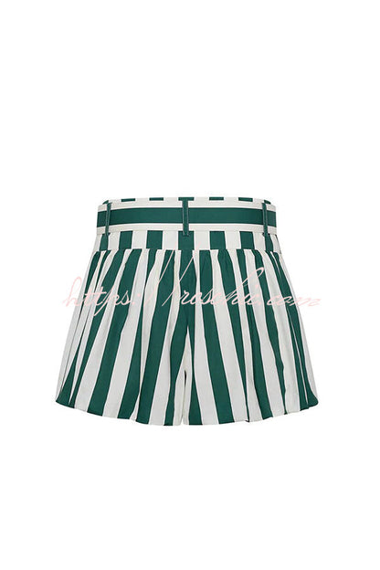 Claudine Striped Heart-shaped Smocked Tank and Raffia Buckle Belted Pocket Bubble Shorts Set