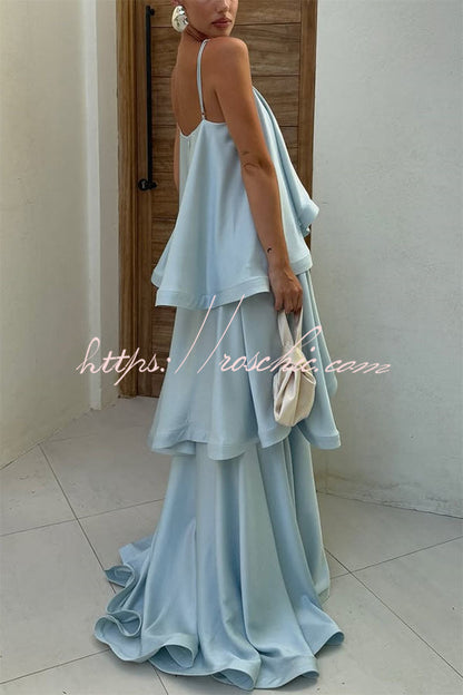Soft and Smooth Satin Tiered Slip Square Neck A-line Maxi Dress