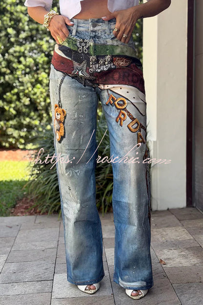 Street Graffiti Denim Unique and Fun Prints High Rise Pocket Straight Leg Jeans