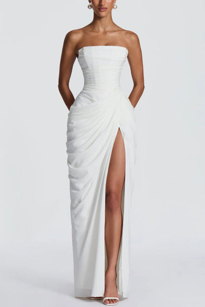 Cyra Back Lace-up Asymmetrical Pleats Strapless Slit Maxi Dress(Buy 2 Get Free Shipping)