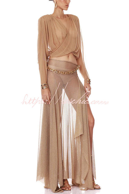 Dazzle Vacation Metallic Knit Long-sleeve Draped Crop Top and Mid Rise Irregular Slit Hem Maxi Skirt Set