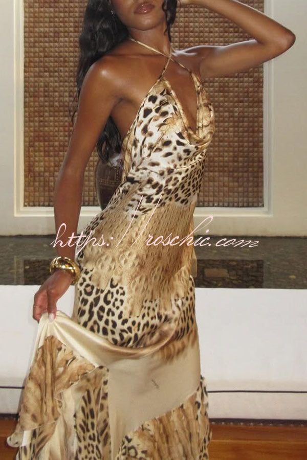 Coral Satin Leopard Print Halter Cowl Neck Exaggerated Ruffles Hem Maxi Dress