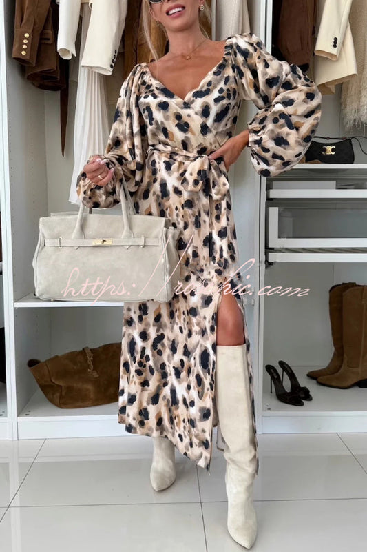 Unique Printed V-neck Long-sleeved Waist Tie Slit Maxi Dress