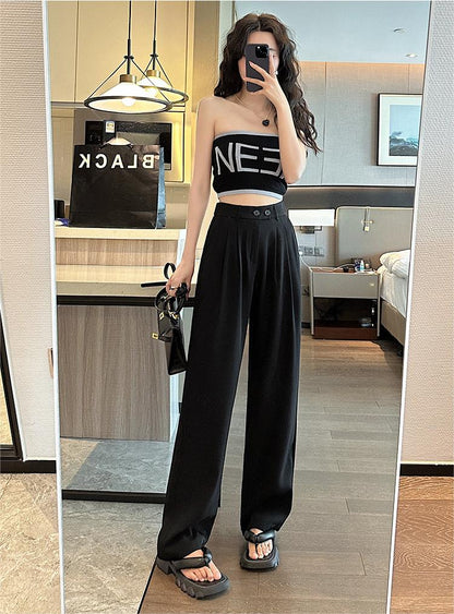 Black Business Casual Double Buckle Wide-leg Suit Pants
