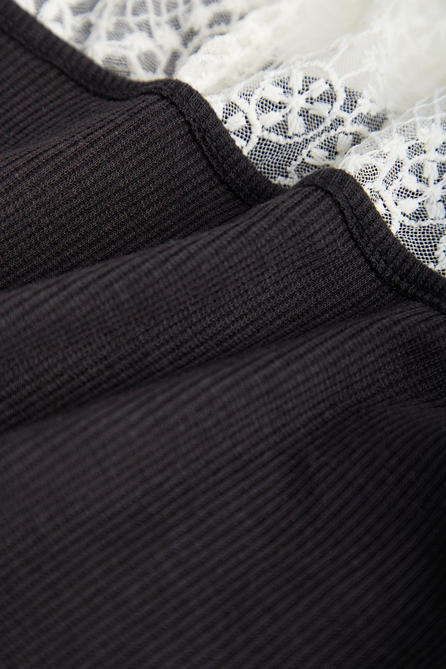 Black Ribbed Lace Long Sleeve Blouse