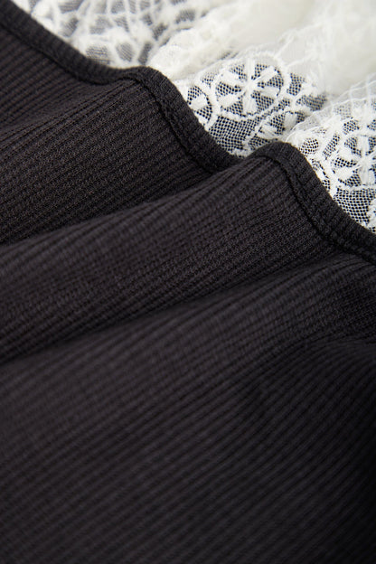 Black Ribbed Lace Long Sleeve Blouse
