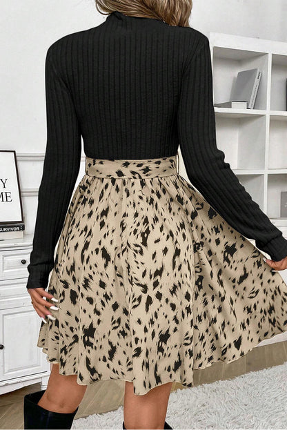 Black Ribbed Knit Patchwork Printed Belted A - line Dress