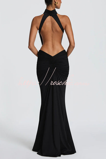 Thekla Stretch Slinky Jersey High Neck Ruched Backless Drape Maxi Dress