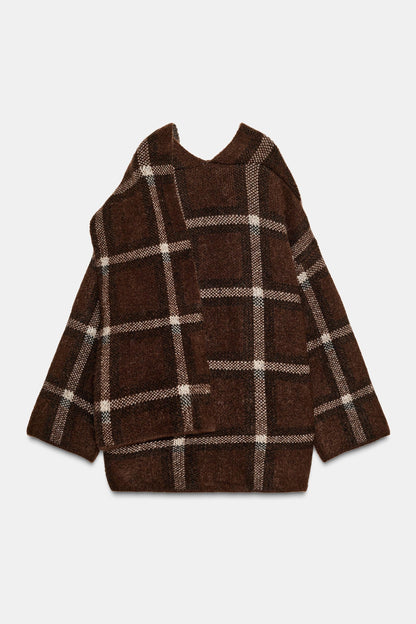 SHORT CHECK KNIT COAT WITH SCARF DETAIL