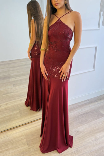 Fashionable Sequined Halter Neck Elegant Slim-fit Slit Maxi Dress