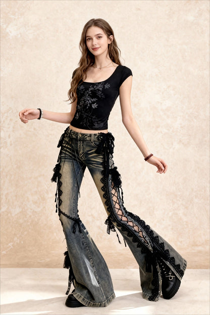 American Retro Lace Strap Slit Bellbottom Jeans
