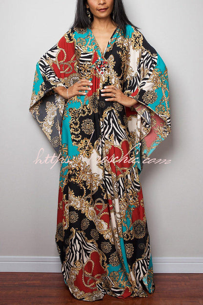 Unique Print Loose V-Neck Batwing Sleeve Casual Maxi Dress