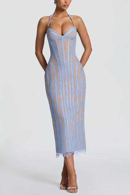 Rona Floral Lace Contrast Structural Detail Back Lace-up Halter Slit Midi Dress