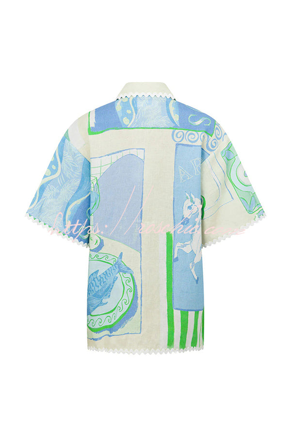 Pierre Linen Blend Ric Rac Trims Unique Print Short Sleeve Shirt and Wrap Tie-up Mini Skirt Set
