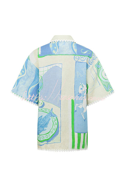 Pierre Linen Blend Ric Rac Trims Unique Print Short Sleeve Shirt and Wrap Tie-up Mini Skirt Set