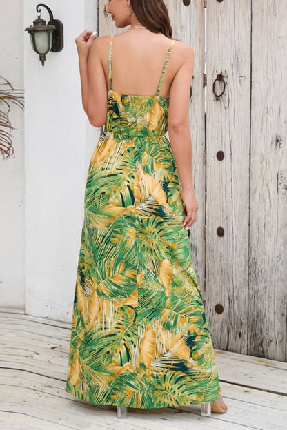 Spaghetti Strap Tropical Print Waist-Cinched Maxi Dress