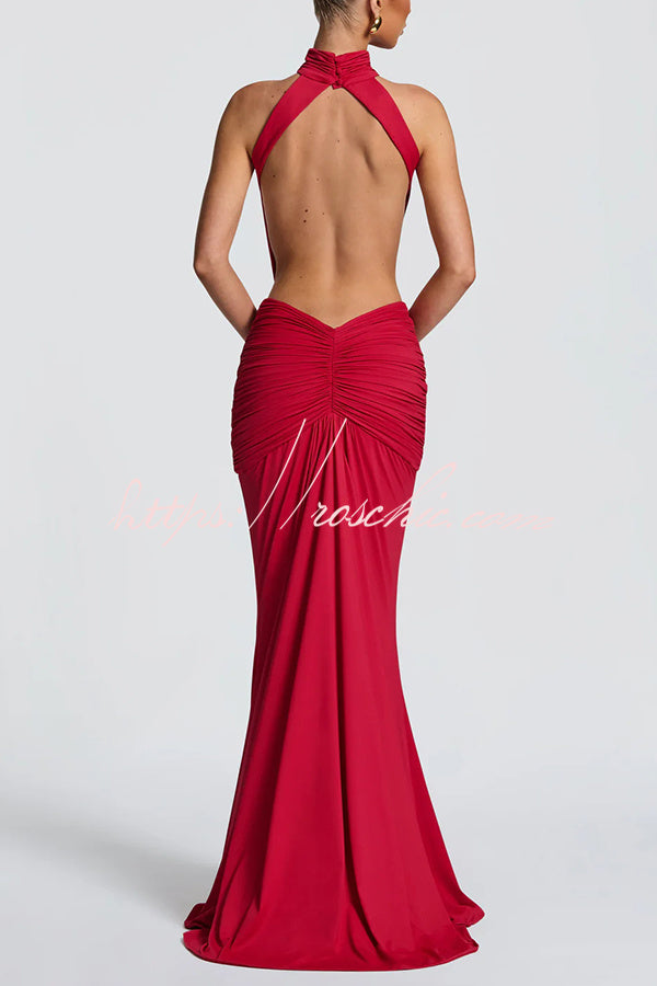 Thekla Stretch Slinky Jersey High Neck Ruched Backless Drape Maxi Dress