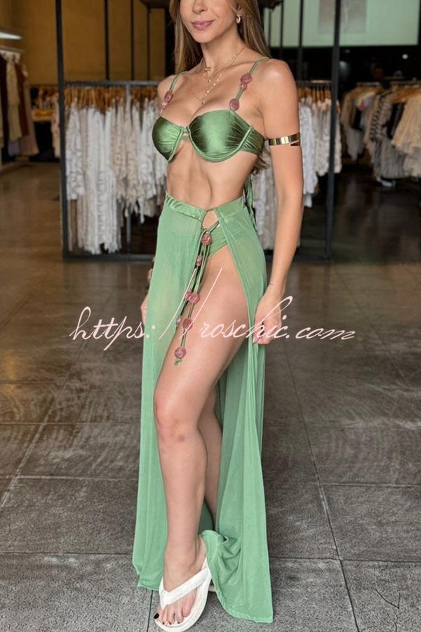 Colored Stones Detail Straps Elastic Bikini and Tulle Lace-up Waist Cover-up Maxi Skirt Three-piece Set