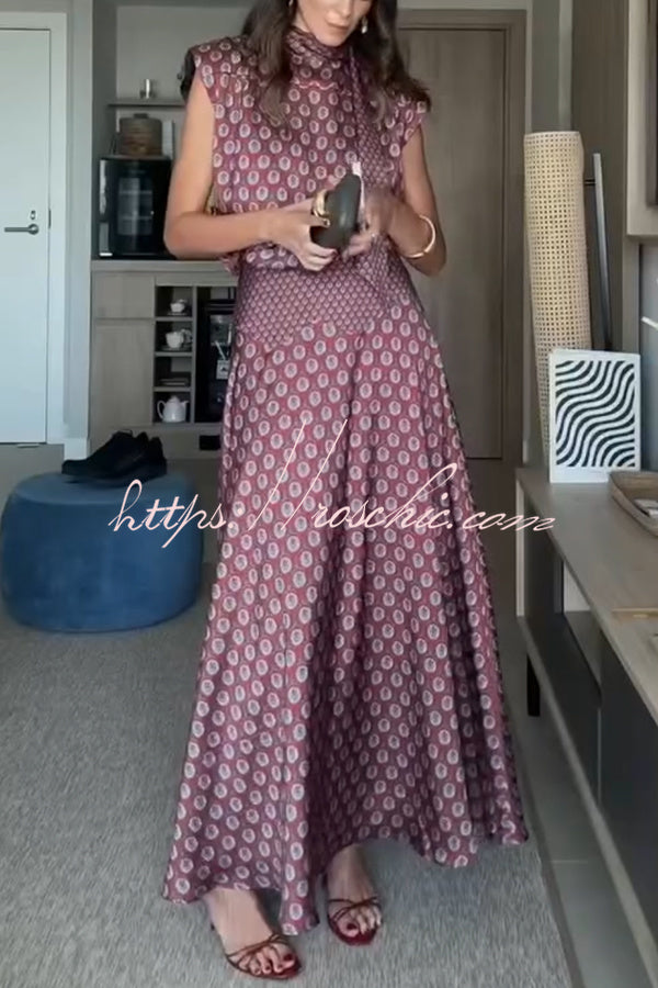 Dalena Satin Art Print High Tie-up Neck Short Sleeve Top and High Rise Maxi Skirt Set