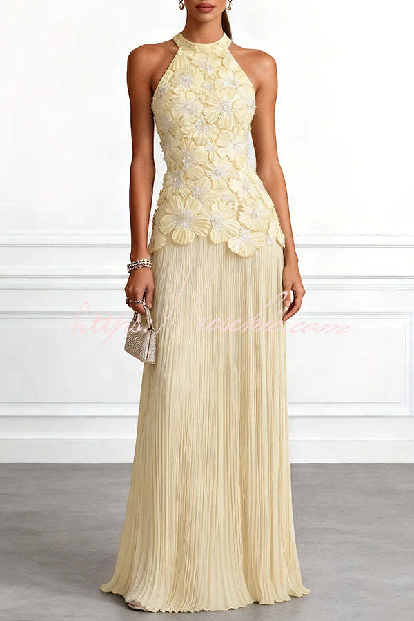 Emilie 3D Floral Embroidery Pleated Chiffon Hem Halter Neck Sleeveless Maxi Dress