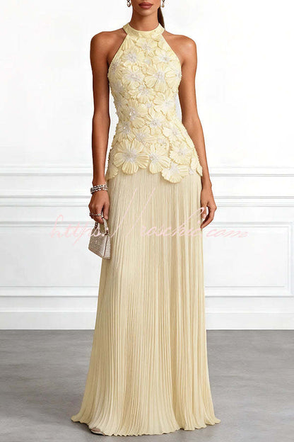 Emilie 3D Floral Embroidery Pleated Chiffon Hem Halter Neck Sleeveless Maxi Dress